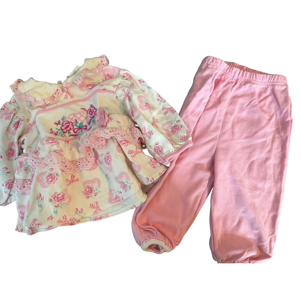 Vintage Vitamins‎ baby girl 6-9 months pink rose embroidered floral outfit 2pc